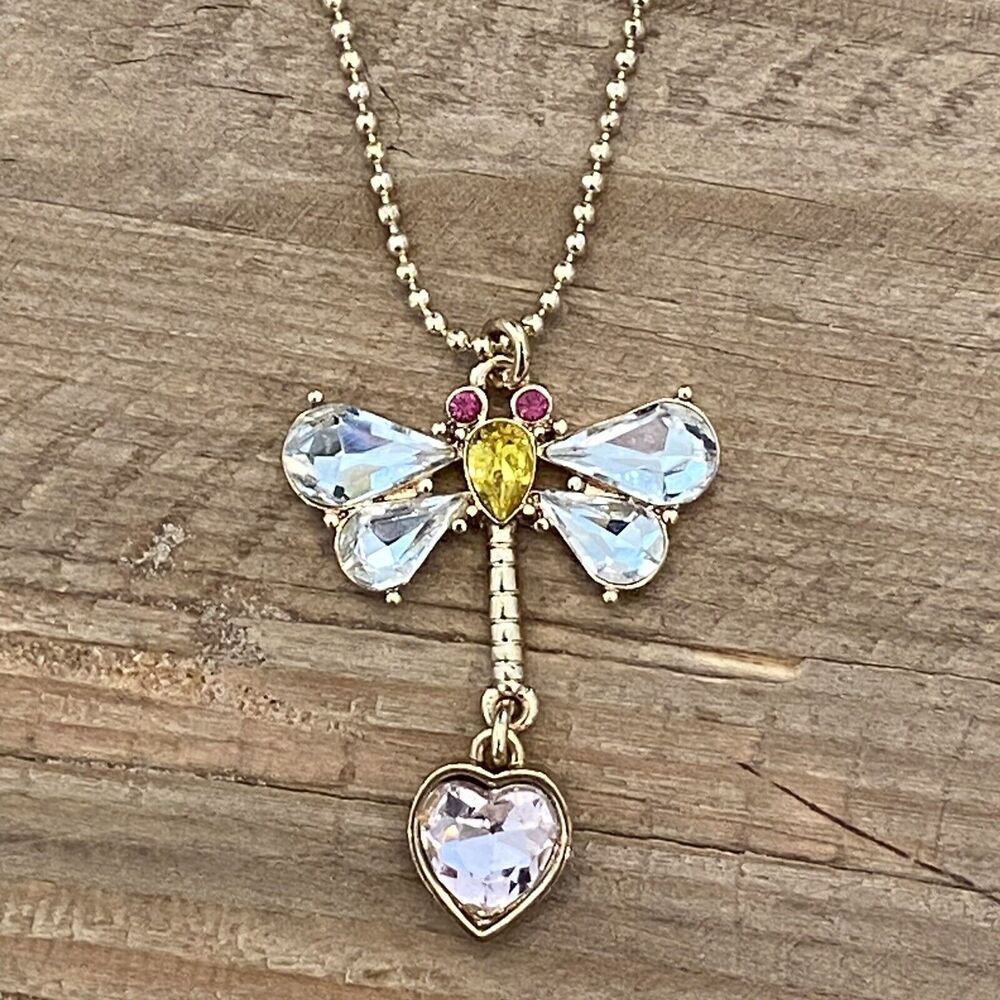 Betsey Johnson Dragonfly Gold Tone Glass Stones Necklace NWT - Picture 2 of 7